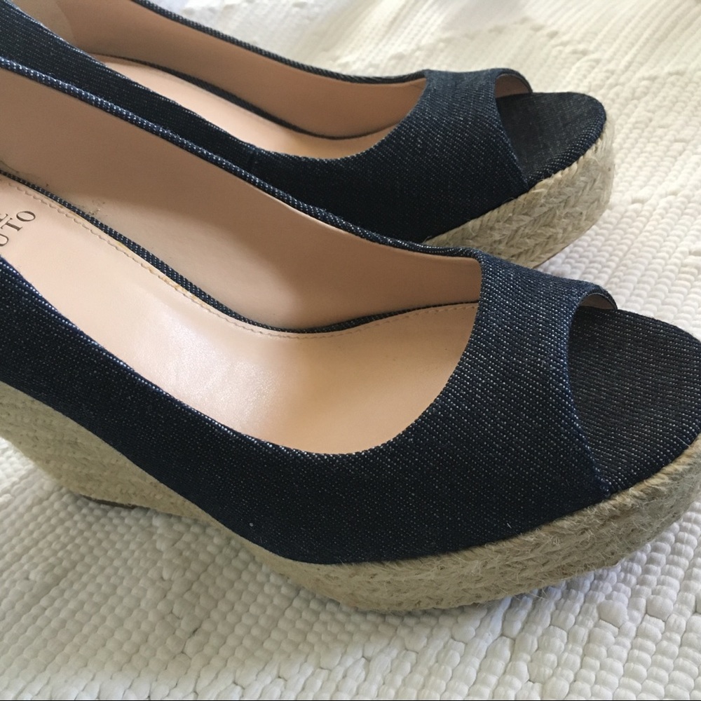 Vince Camuto Navy Denim Peep-Toe Espadrille Wedges